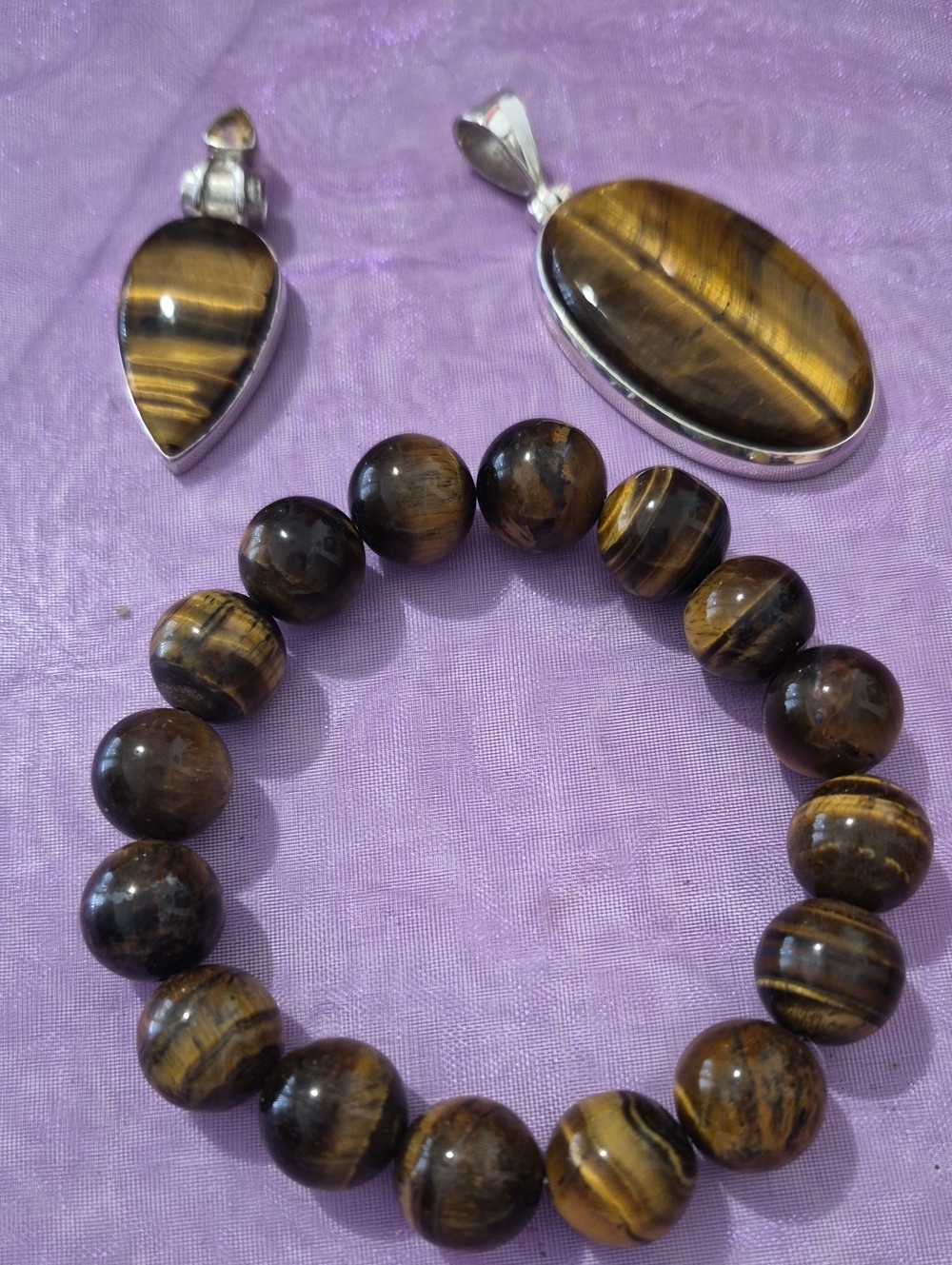 Tiger's Eye Bead Bracelet and 2 Pendants  Set - Brown Gold-3 Pieces